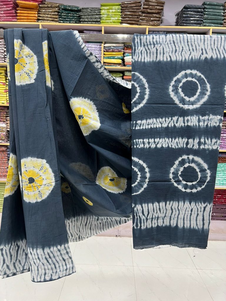 Indigo Tie-Dye Print Saree | Hand Block Artistry on Soft Cotton