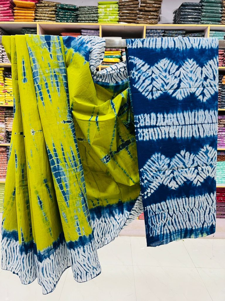 Lime Green Saree with Blue Hand Block Prints | Vibrant Cotton Comfort