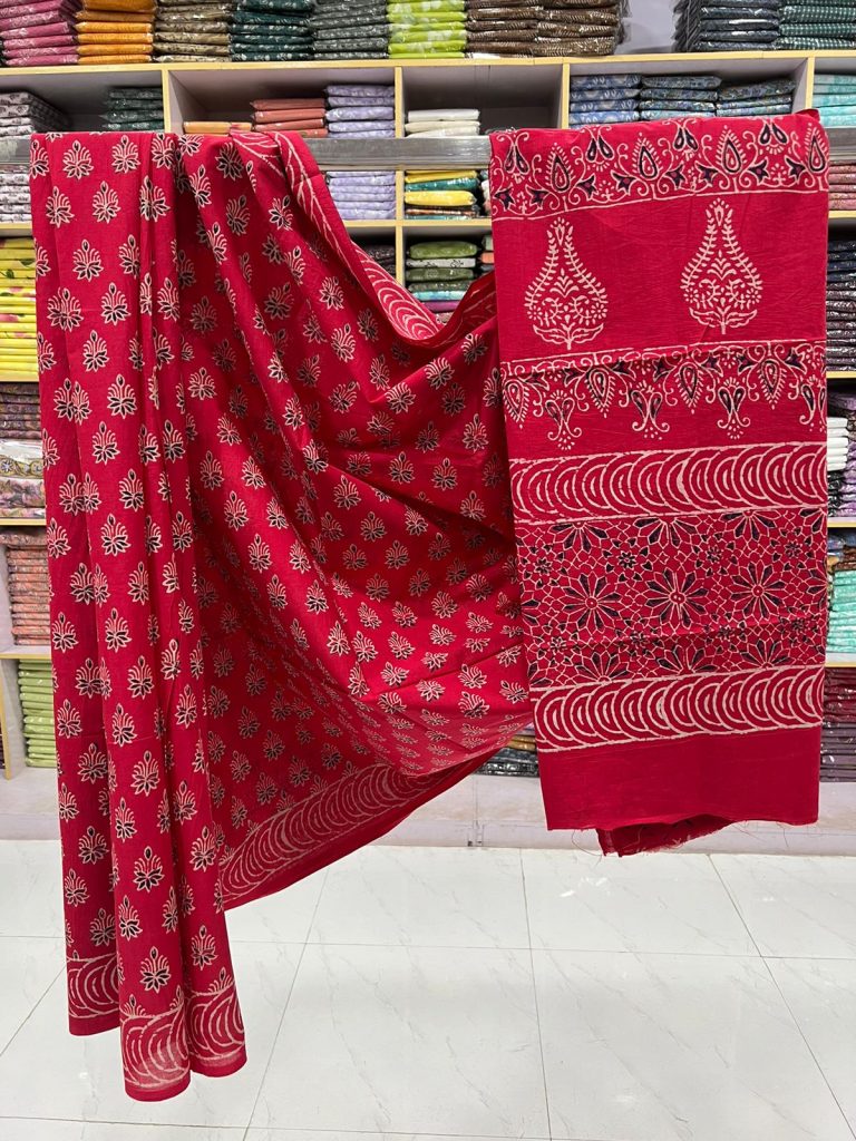 Red Geometric and Floral Print Saree | Jaipur Hand Block Style