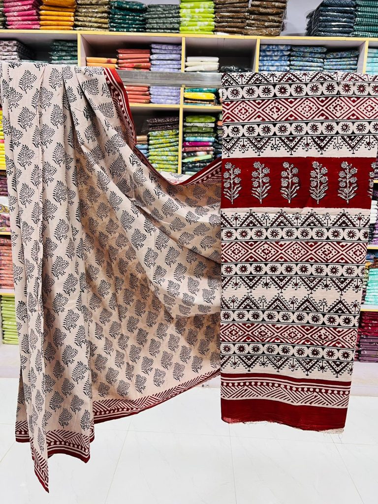 Sophisticated Taupe Bagru Hand Block Print Saree | Jaipur Cotton Collection