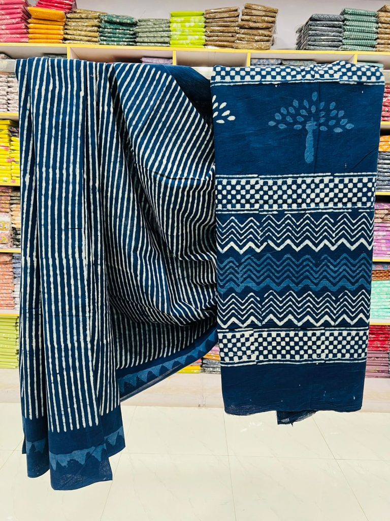 Stylish Indigo Cotton Saree with Handcrafted Prints | Exquisite Daily Wear
