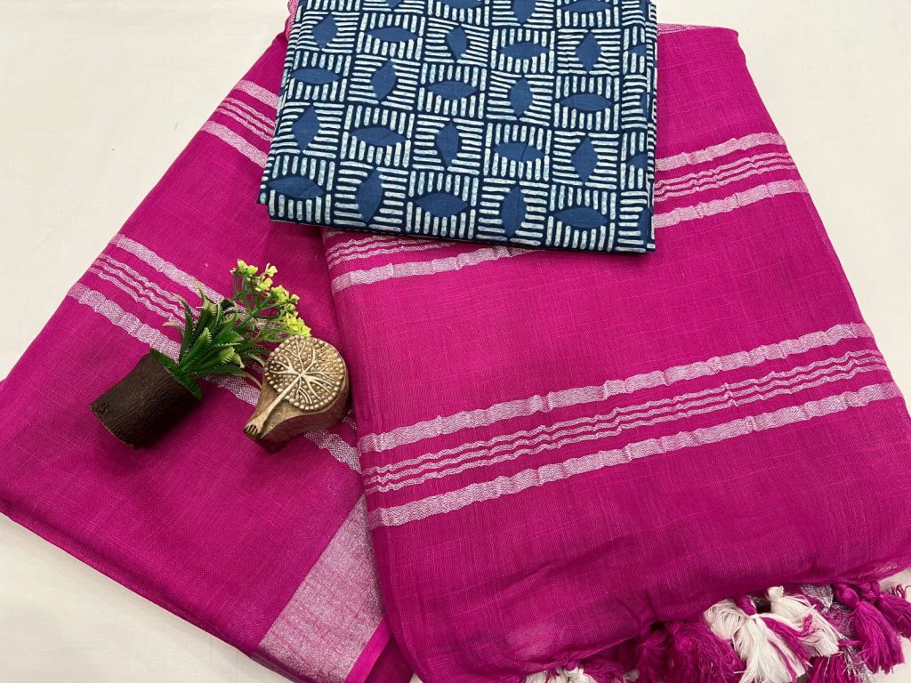 Bold Fuchsia Linen Saree with Geometric Print Blouse - Vibrant Workwear