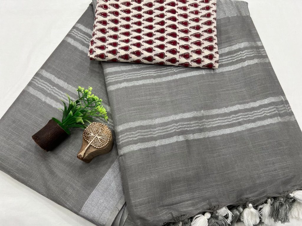 Chic Slate Grey Linen Saree with Detailed Print Blouse - Stylish Office Attire