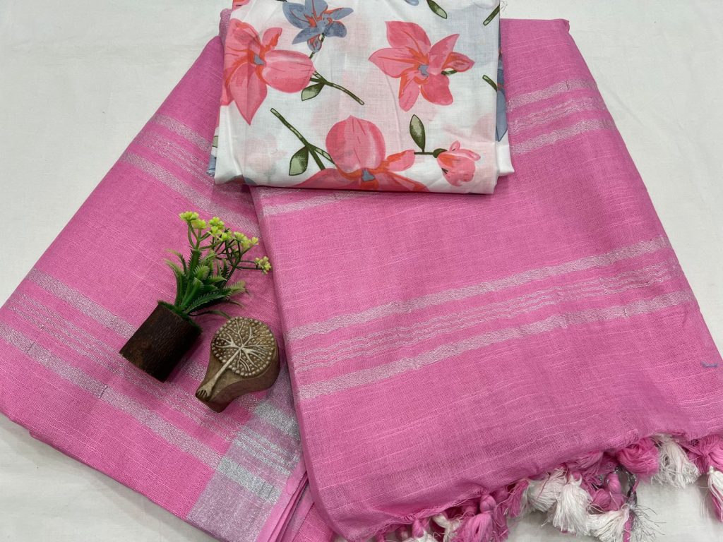 Elegant Pink Linen Saree with Floral Cotton Blouse - Versatile and Comfortable