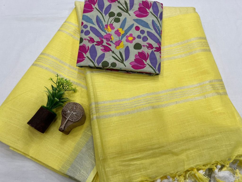 Lemon Yellow Linen Saree with Vibrant Printed Blouse - Radiant Office Chic