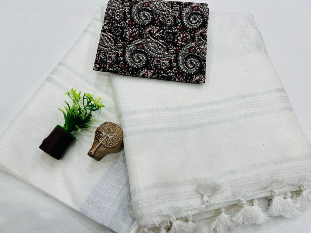 Pure White Linen Saree with Intricate Print Blouse - Timeless Office Fashion