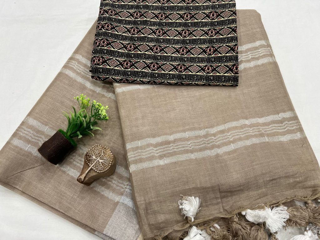 Sophisticated Taupe Linen Saree with Ethnic Print Blouse - Subtle Office Statement