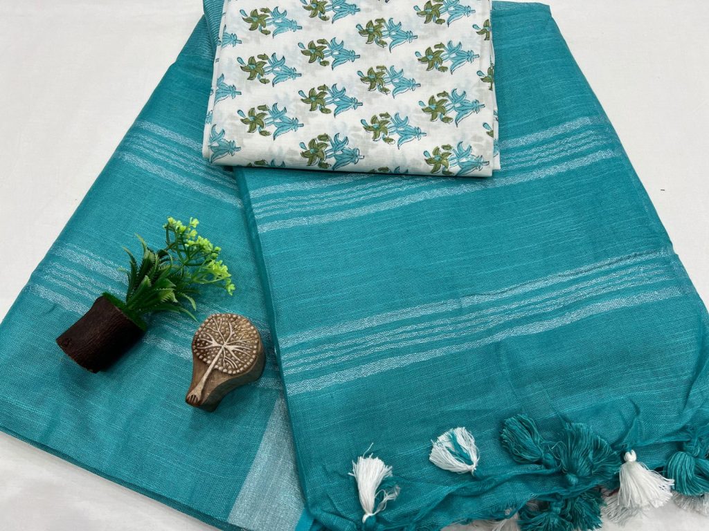 Teal Linen Saree Paired with Botanical Print Blouse - Serene and Sophisticated