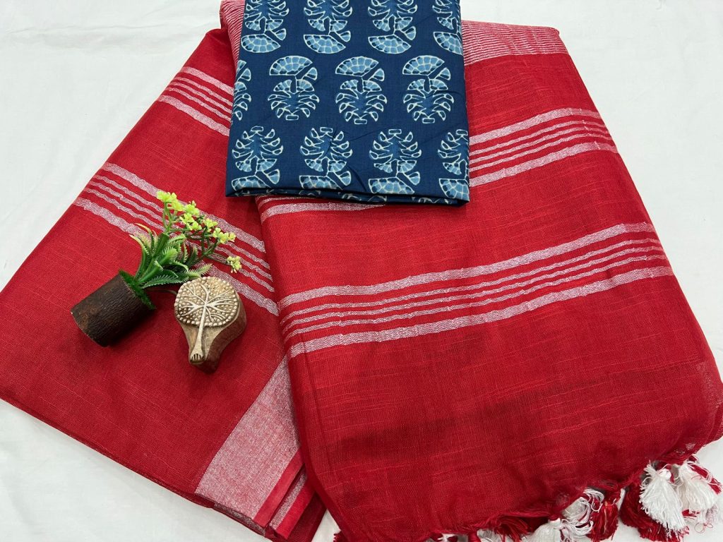 Crimson Linen Saree with Abstract Print Blouse - Bold Office Statement