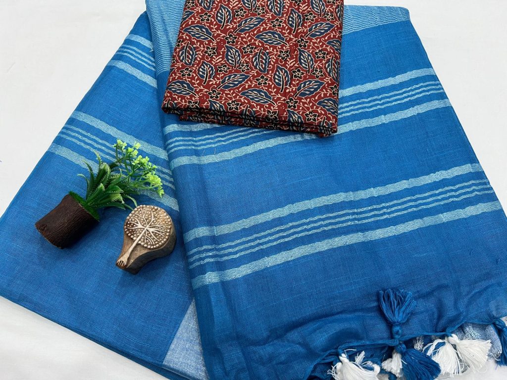 Royal Blue Linen Saree with Intricate Print Blouse - Majestic Workwear