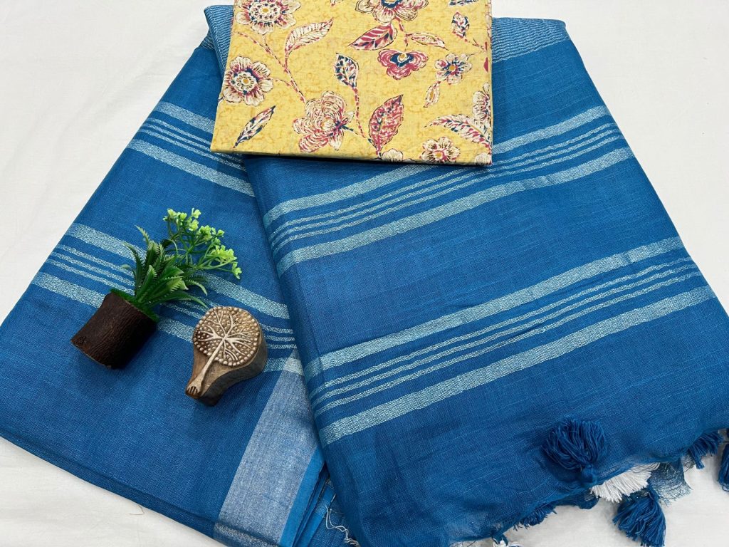 Sky Blue Linen Saree with Classic Print Blouse - Breezy Professional Attire