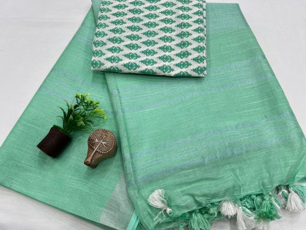 Mint Green Linen Saree with Botanical Print Blouse - Refreshing Style