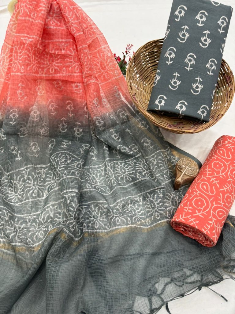 Coral Charm Hand Block Print Cotton Fabric with Elegant Dupatta