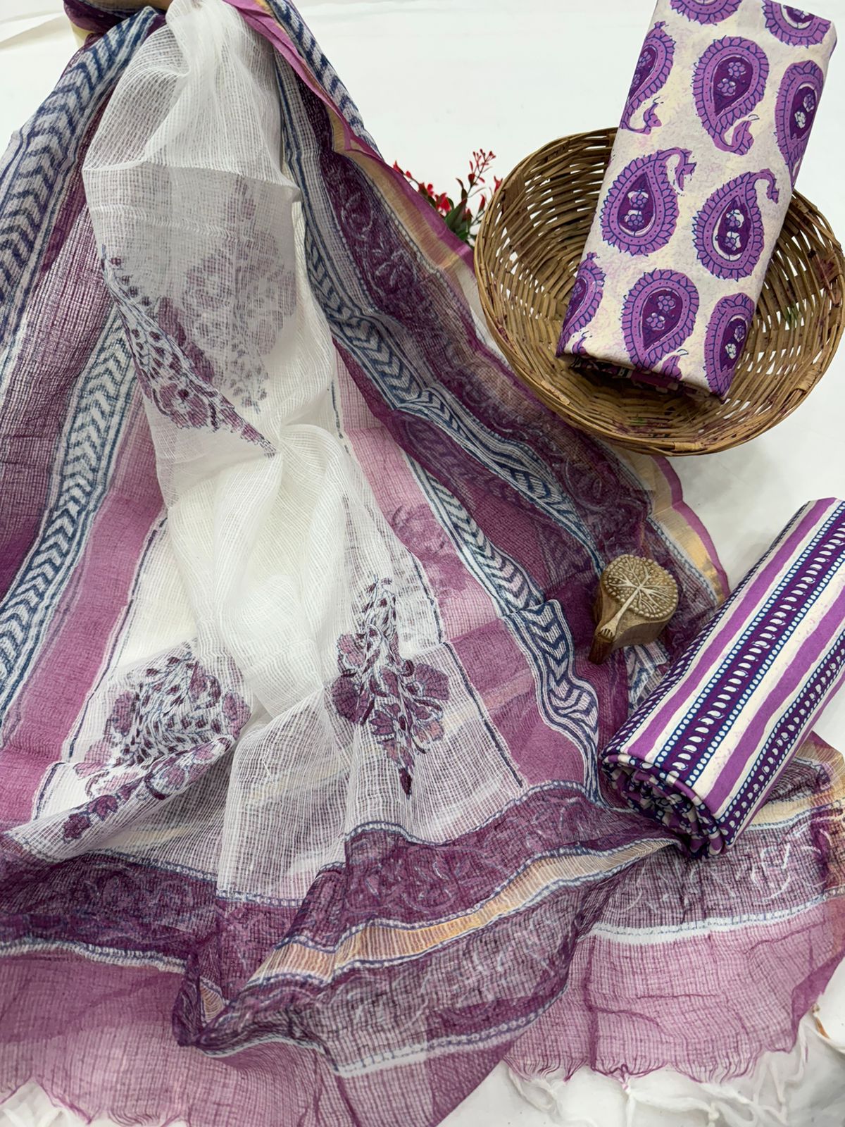 Lilac Elegance Hand Block Print Salwar Kameez with Contrasting Dupatta
