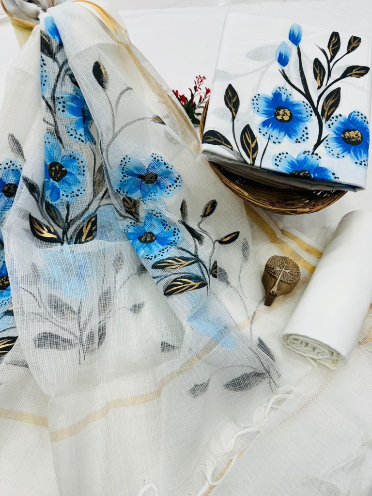 Serene Blue Floral Painted Cotton Suit with Ethereal Dupatta