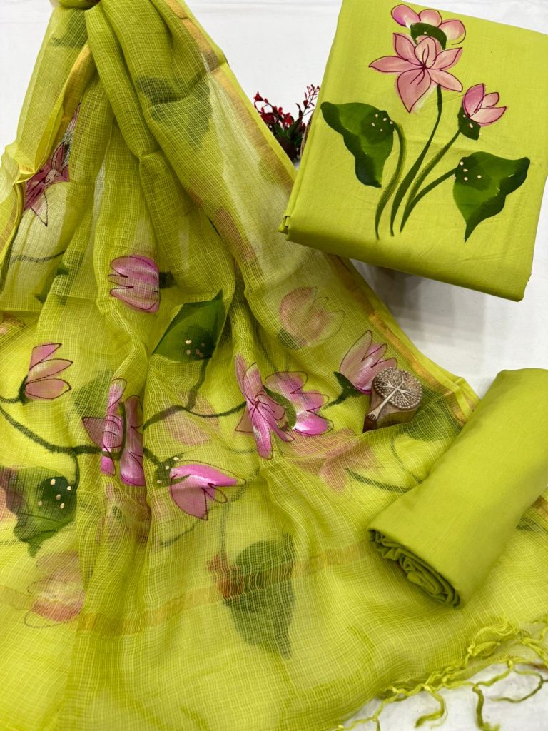 Vibrant Lime Green Hand Painted Salwar Suit with Artistic Dupatta
