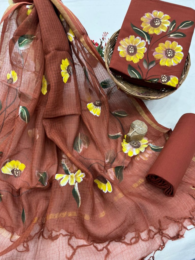 Earthy Terracotta Hand Painted Dress Material with Floral Dupatta