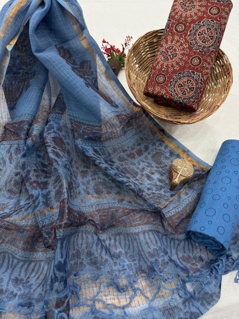 Indigo Essence Hand Block Salwar Fabric with Traditional Dupatta