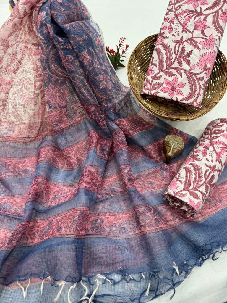 Rose Pink Traditional Print Salwar Suit Material with Woven Dupatta