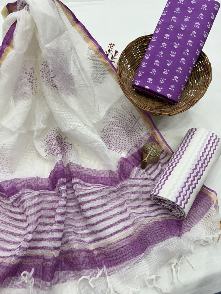 Royal Purple Hand Block Cotton Suit with Sheer Dupatta