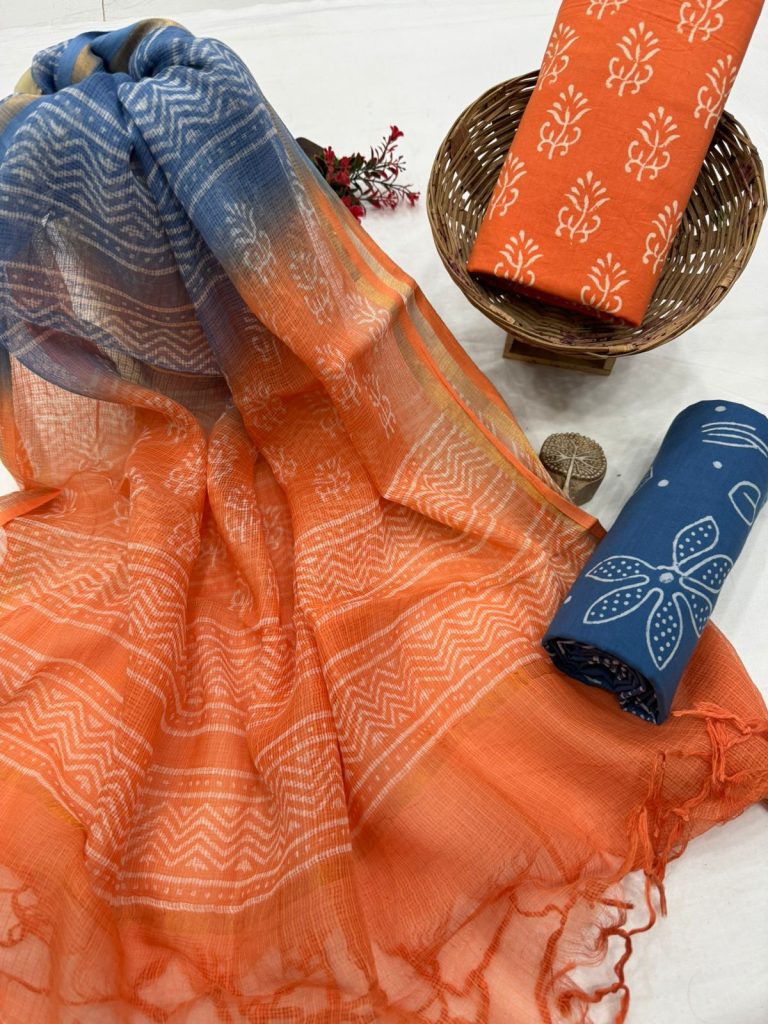 Chic Orange Geometric Pattern Salwar Suit Material with Luxe Dupatta