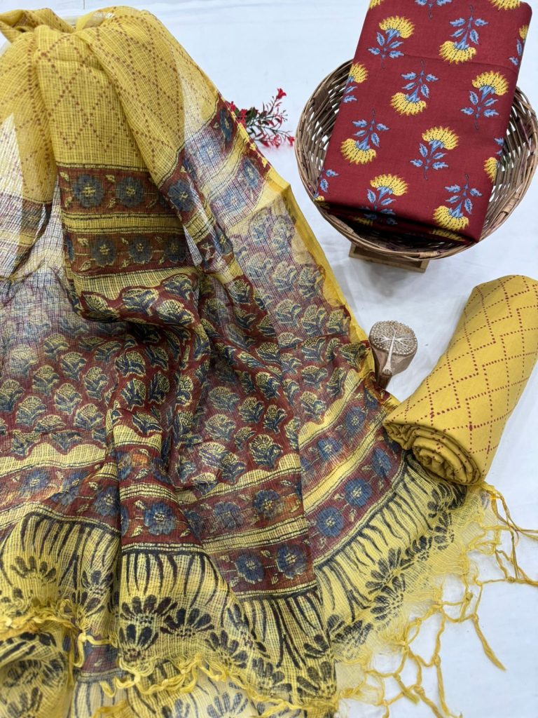 Exotic Yellow Hand Block Printed Dress Material with Artisanal Dupatta