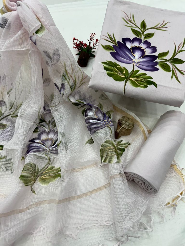Lavender Floral Hand Brush Painted Cotton Set with Light Dupatta