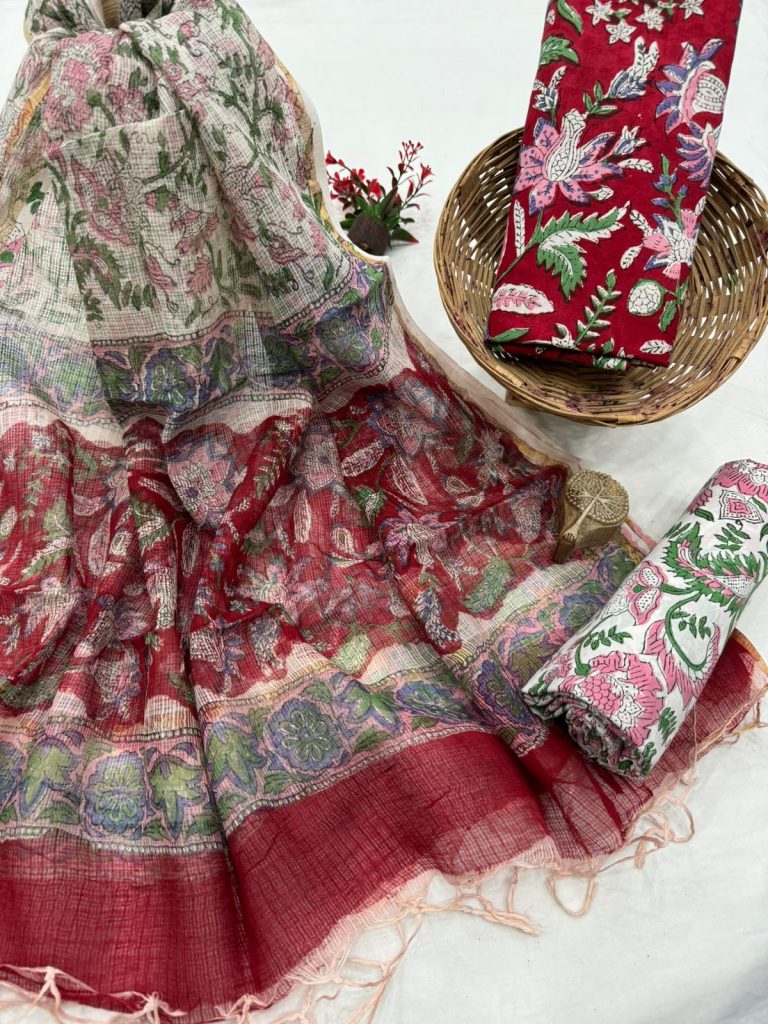 Sophisticated Red Hand Block Salwar Kameez Cloth with Kota Doria Dupatta