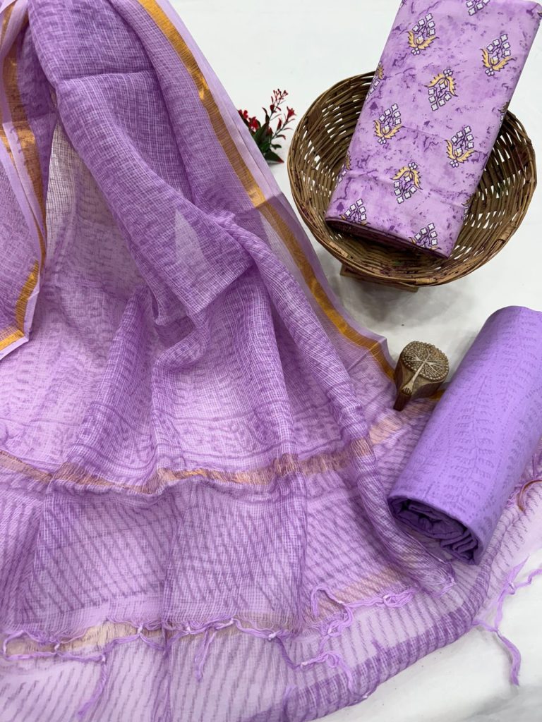 Vibrant Purple Hand Block Printed Salwar Kameez Fabric with Dupatta