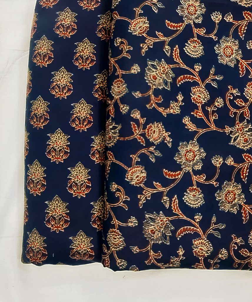 Classic Navy Blue with Golden Floral Motifs Cotton Textile