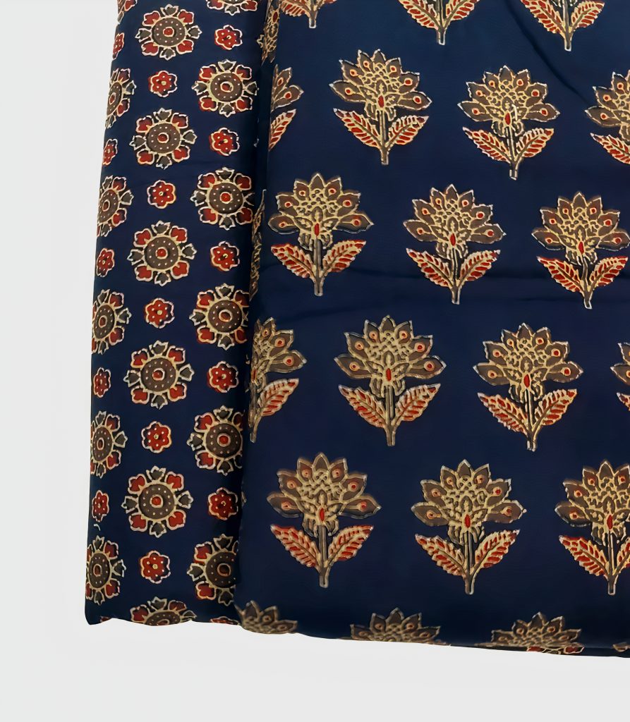 Printed Navy Blue with Golden Floral Motifs Cotton Textile