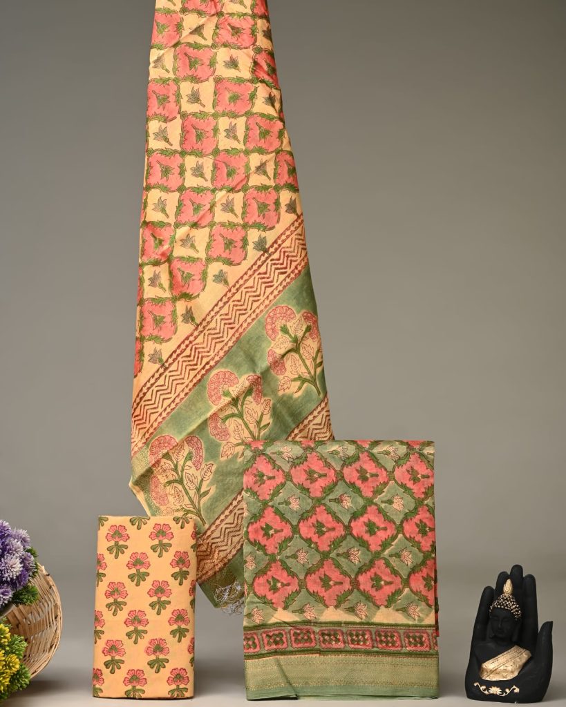 Elegant Green and Pink Floral Hand Block Printed Maheshwari Silk Salwar Kameez