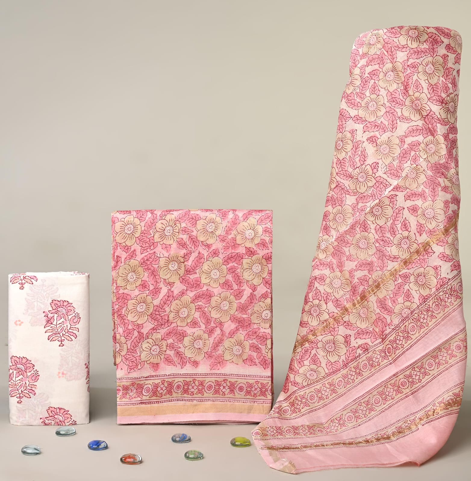 Elegant Pink Hand Block Print Chanderi Silk Salwar Suit Set