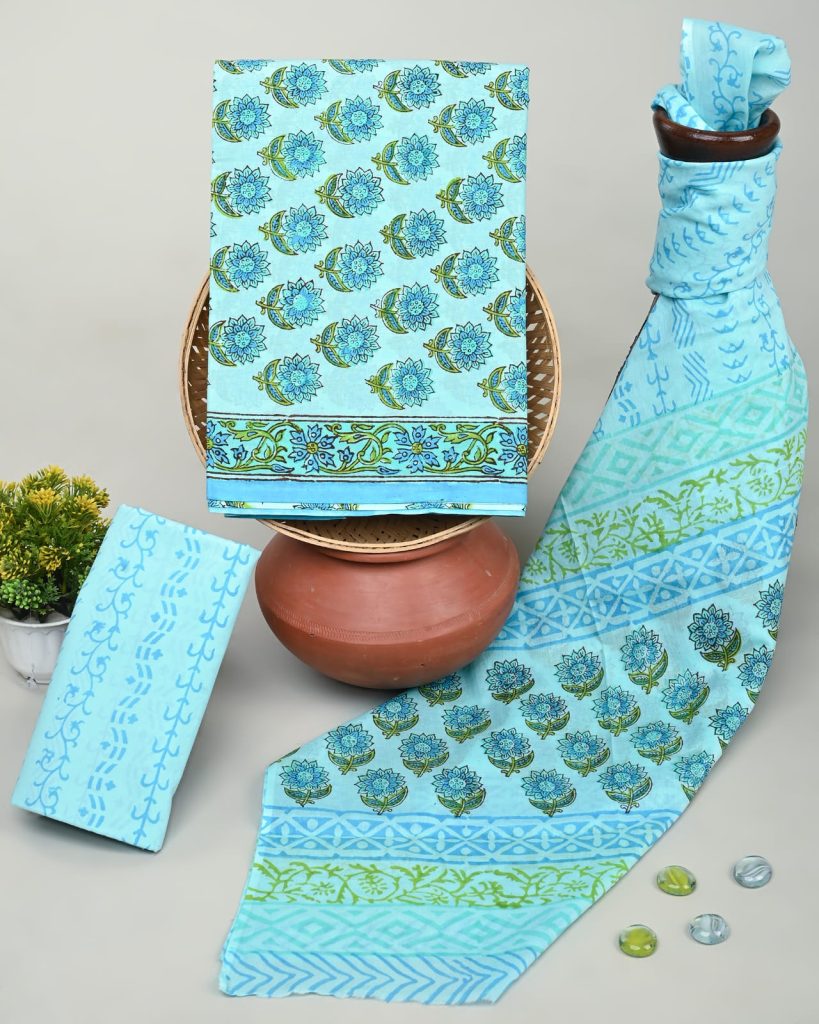 Aqua Floral Block Print Unstitched Cotton Suit Material