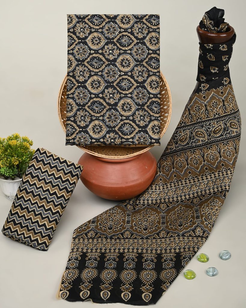 Black and Gold Traditional Block Printed Salwar Suit Material