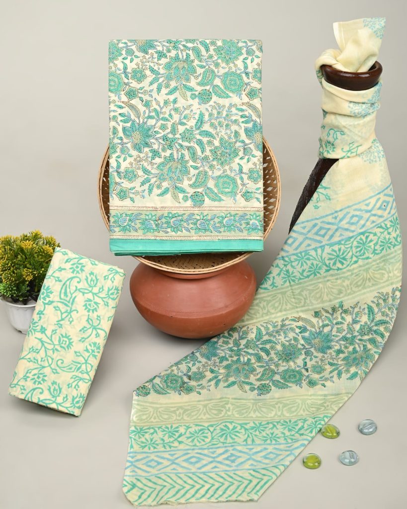 Teal Floral Hand Block Printed Cotton Salwar Kameez Set