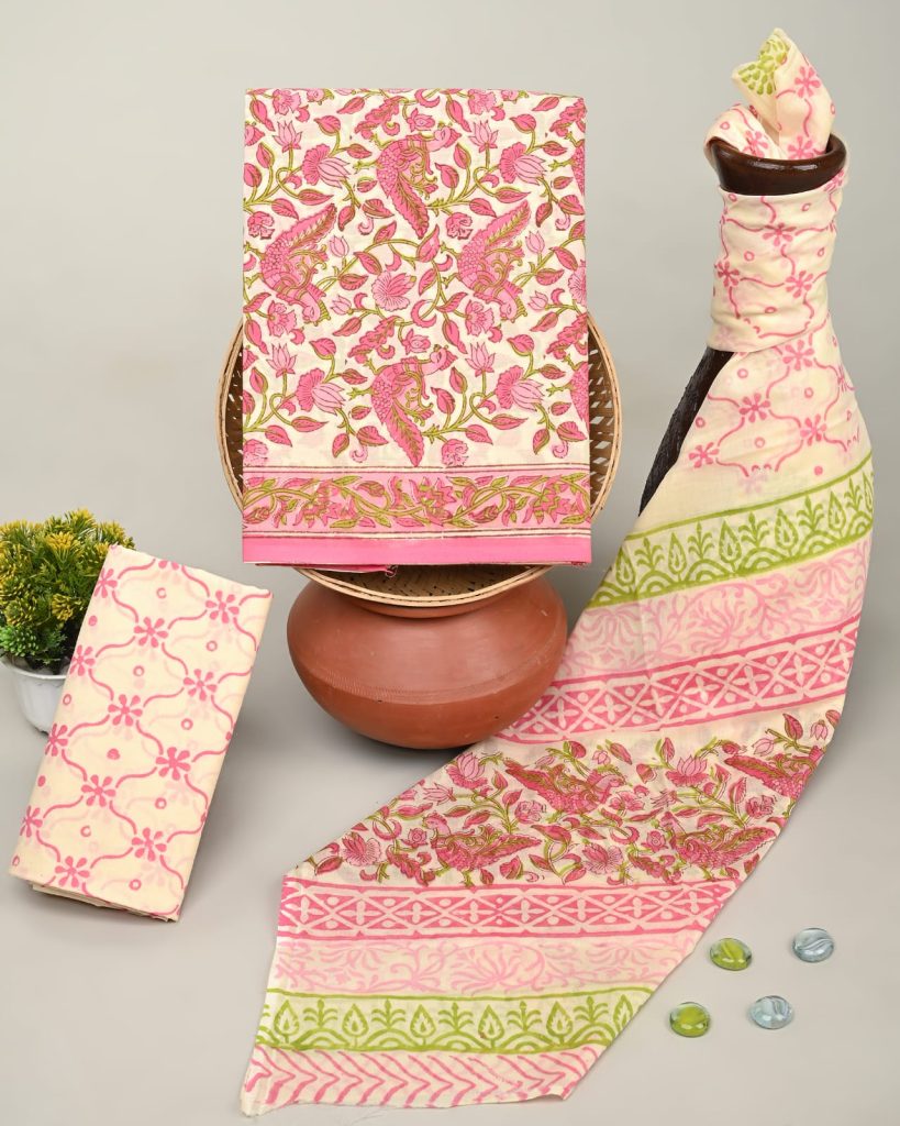 Blush Pink Blossom Hand Block Printed Salwar Suit Piece