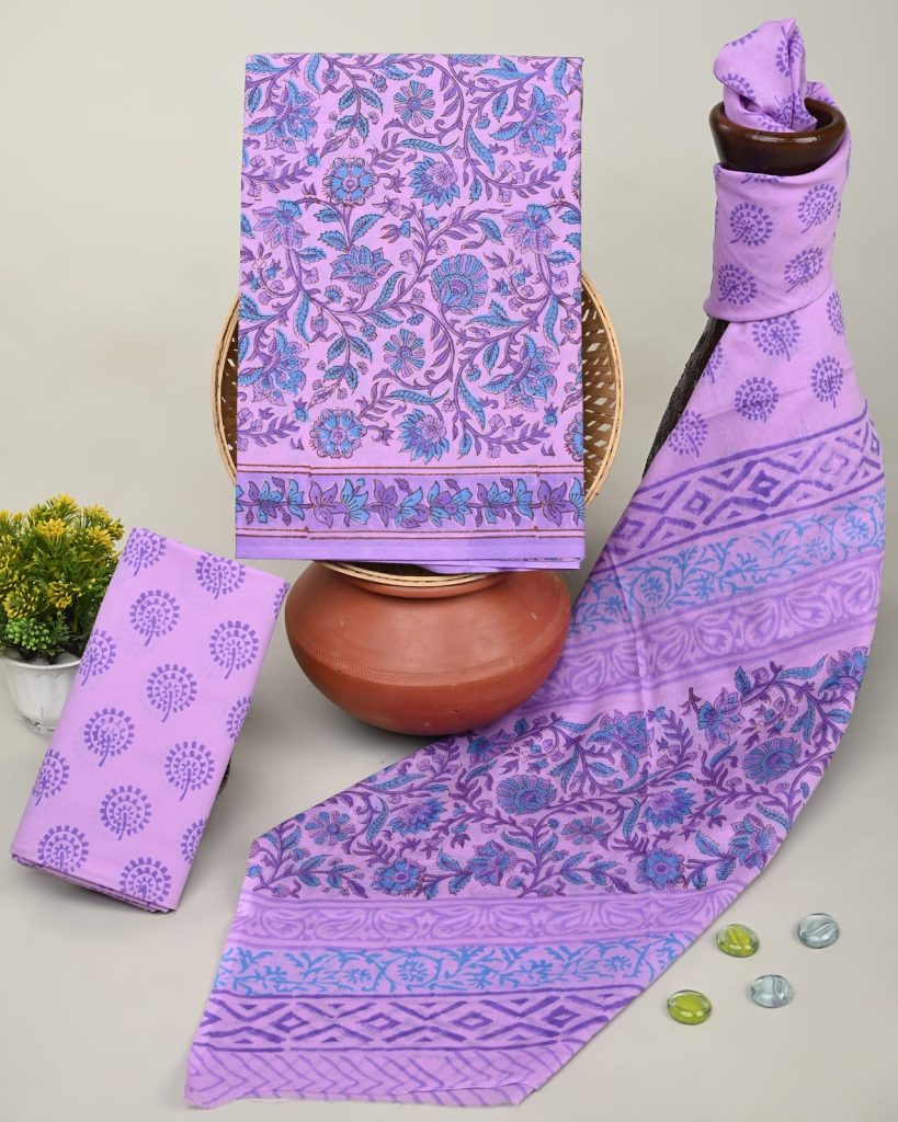 Lavender Floral Block Print Unstitched Salwar Suit Fabric