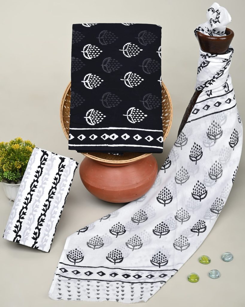 Monochrome Pine Motif Hand Block Printed Salwar Fabric