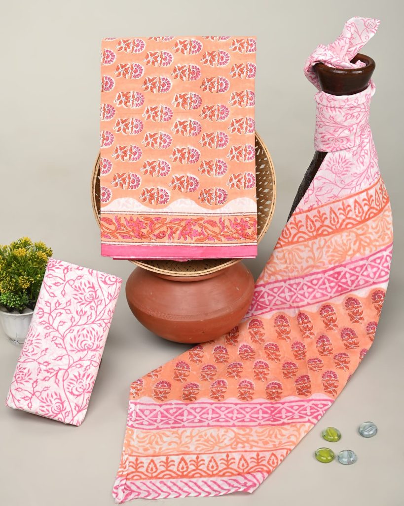 Peach Ornamental Block Print Salwar Kameez Fabric