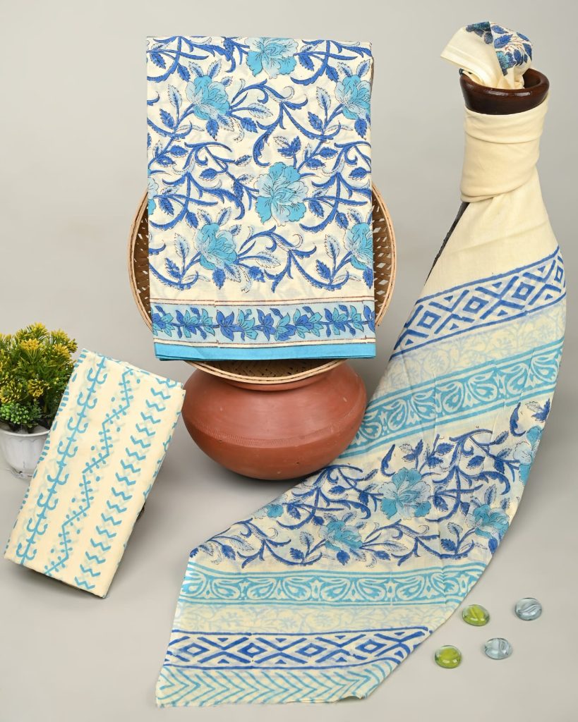 Sky Blue Floral Hand Block Printed Unstitched Salwar Set
