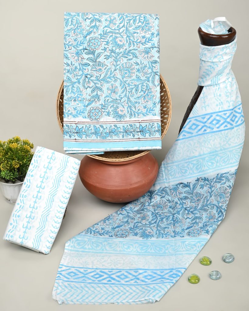 Sky Blue Traditional Floral Cotton Salwar Kameez Material