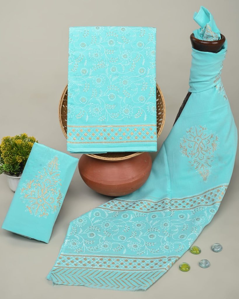 Turquoise Dream Cotton Salwar Kameez Fabric with Dupatta