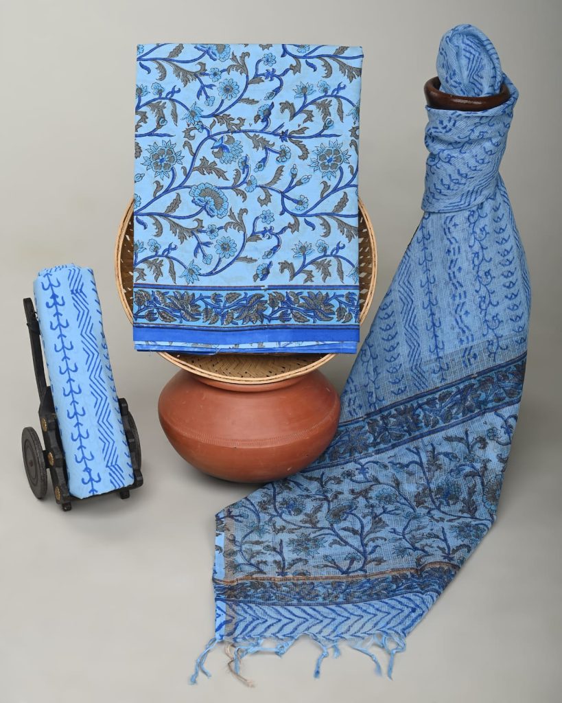 Chic Blue Floral Cotton Salwar Suit - Handcrafted Elegance