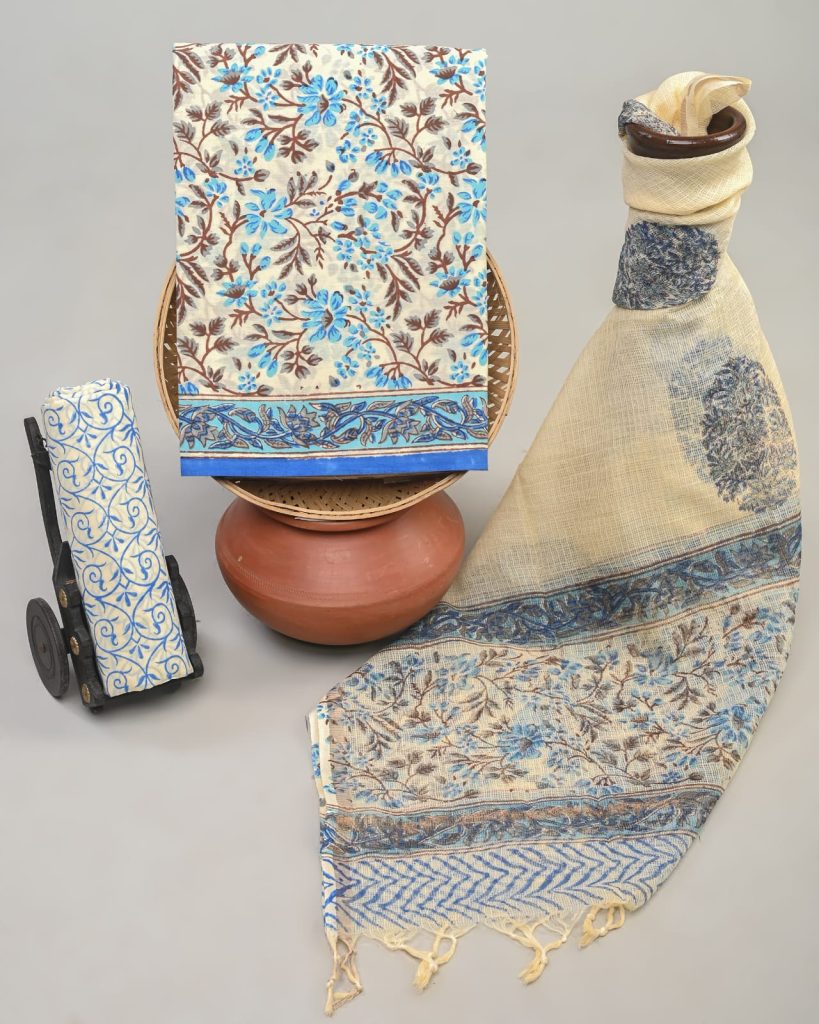 Elegant Beige Floral Hand Block Printed Cotton Salwar Suit with Blue Kota Doria Dupatta