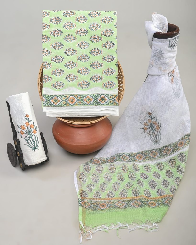 Fresh Mint Green Hand Block Print Salwar Suit with White Dupatta