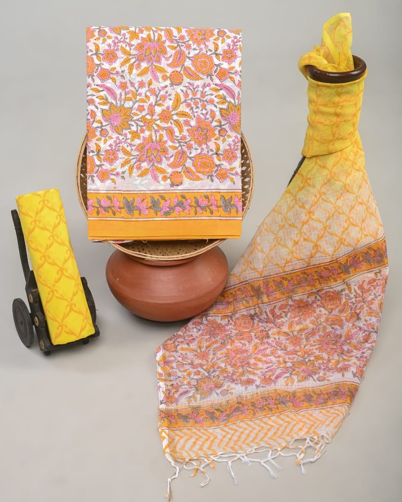 Sunny Yellow Floral Print Salwar Kameez Fabric with Vibrant Dupatta