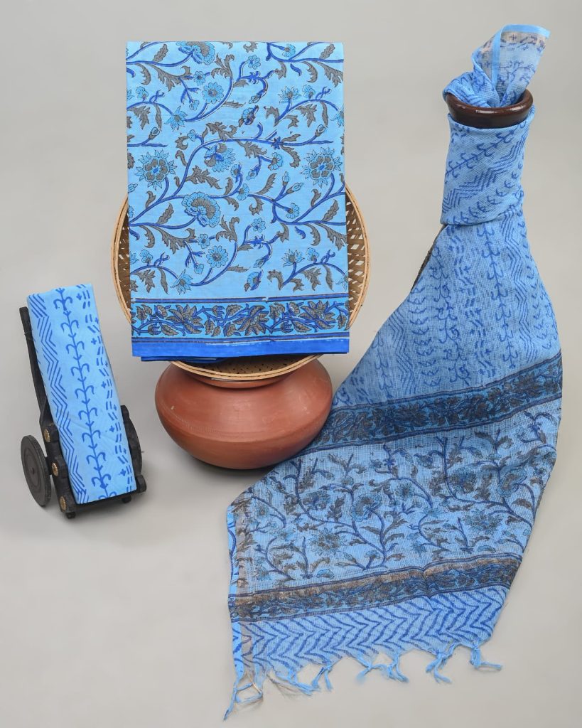 Vibrant Blue Botanical Print Salwar Suit Material with Coordinated Dupatta