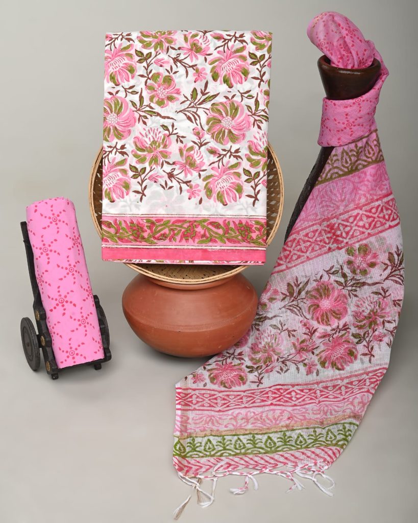 Vibrant Pink & Green Cotton Salwar Kameez - Exquisite Hand Block Design