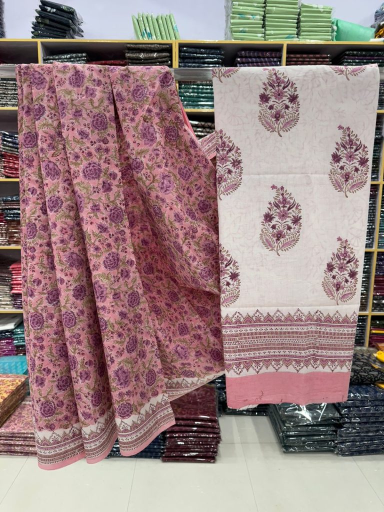 Blush Pink Hand Block Printed Cotton Saree – Soft Floral Elegance